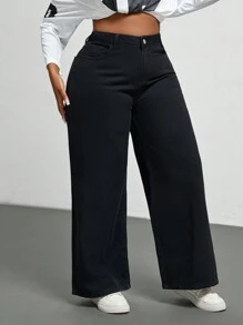 SHEIN ICON 大码女式口袋阔腿宽松休闲百搭牛仔裤 - 黑色 - 查看 4
