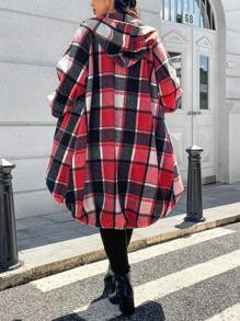SHEIN LUNE 大码印花不对称拉格朗袖前拉链连帽长款格子夹克女式新年服装