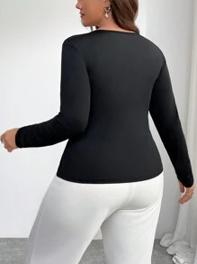 SHEIN Privé 大码女式深 V 不对称领口修身性感优雅 T 恤，适合工作、约会、派对和圣诞节季节、冬季 - 黑色 - 查看 2