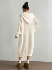 Flirla Women's Solid Color Drop Shoulder Long Sleeve Hooded Loose Casual Sweater Dress For Autumn/Winter - Apricot - View 2