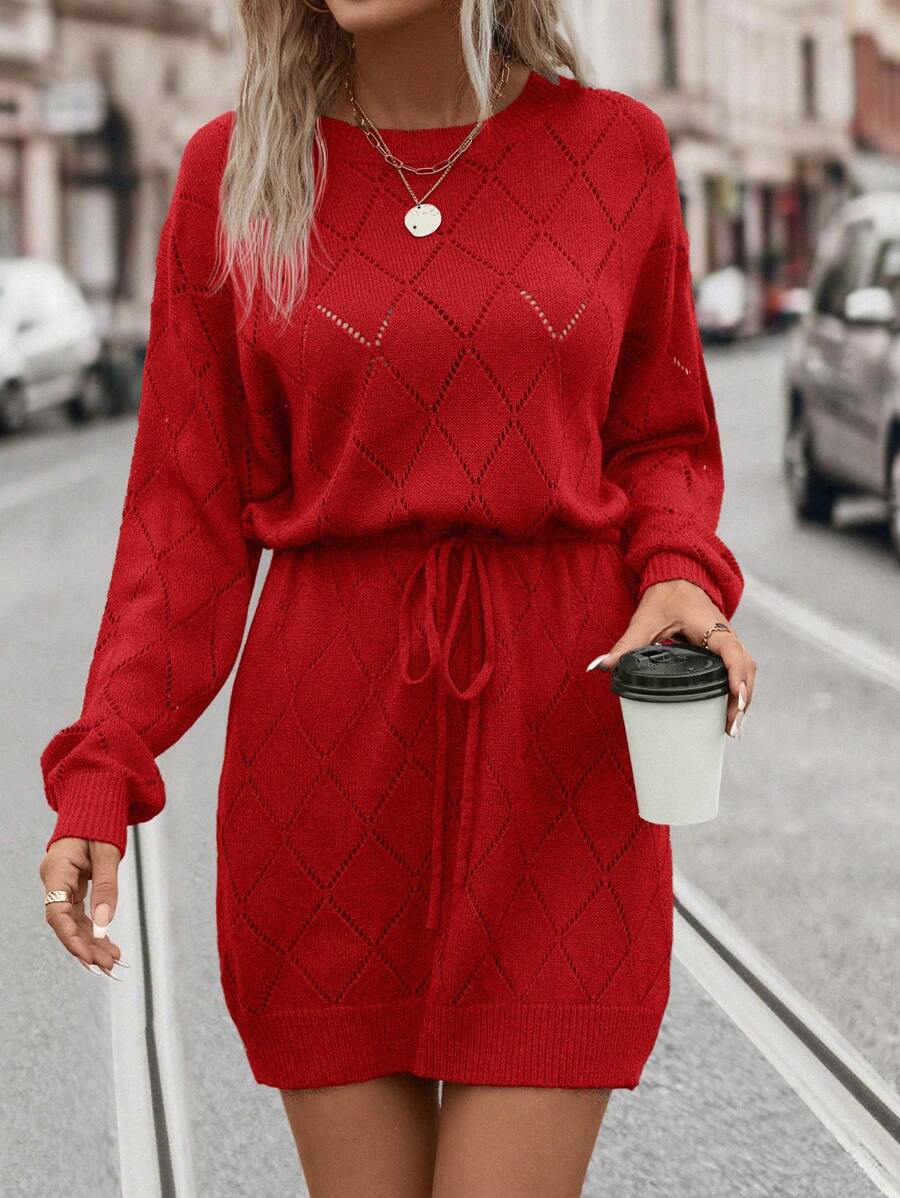 SHEIN LUNE Váy len dài tay cổ tròn thắt eo rút màu trơn đơn giản - Màu Đỏ Sâu - Xem 1