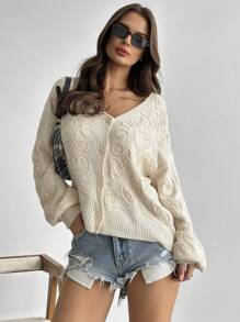 SHEIN Privé 女士优雅休闲花卉提花纽扣宽松开衫，适合居家、通勤、秋冬季 - 杏色 - 查看 5