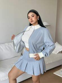 SHEIN Unity 女士针织套装，有领长袖夹克和百褶裙，修身款，秋冬 - 灰色 - 查看 5