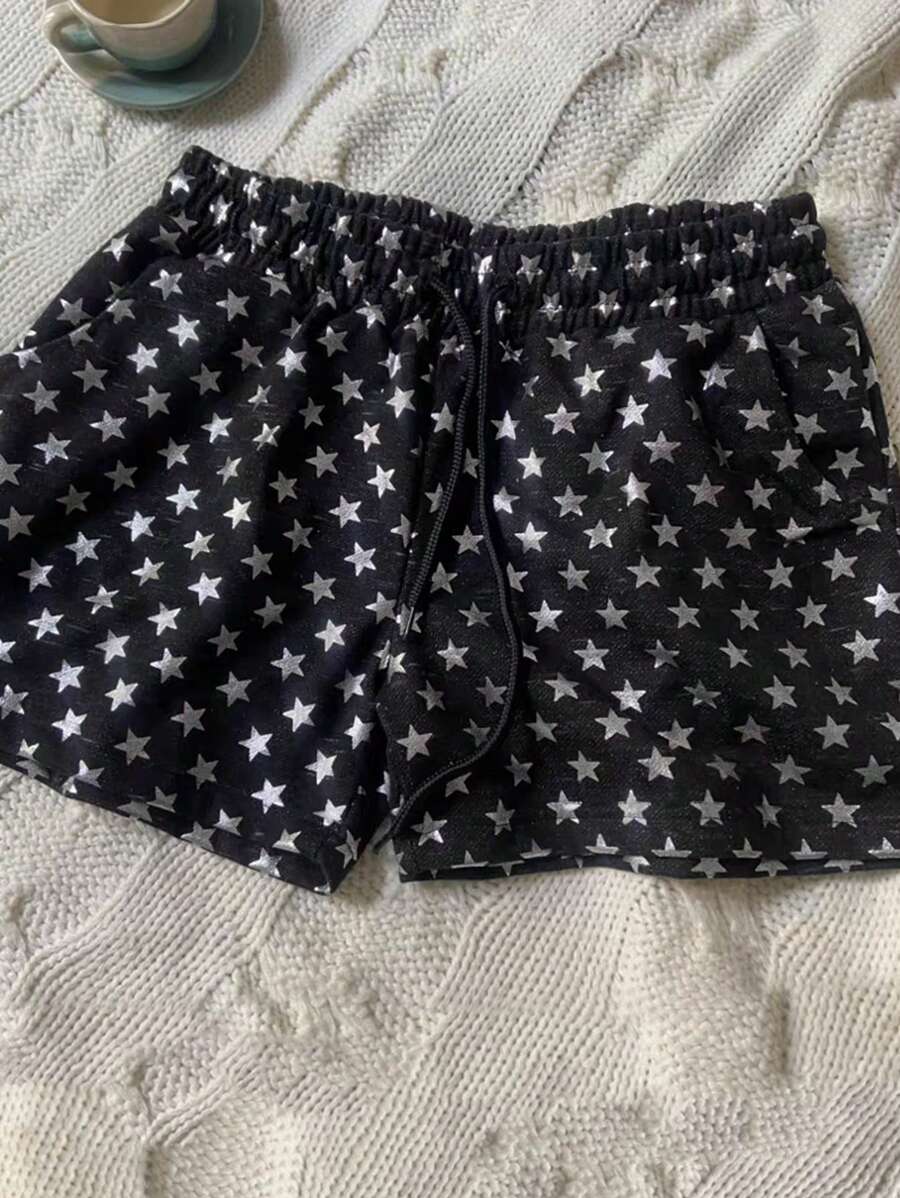 INAWLY Women Casual Full Print Star Pattern Drawstring Waist Shorts, Summer - Black - View 1