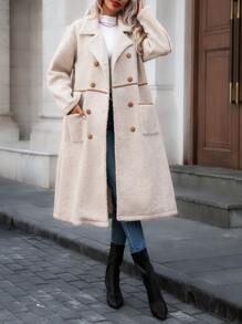 SHEIN Clasi 女士休闲/工作通勤翻领双排扣宽松撞色长袖长款常规夹克，秋冬季 - 杏色 - 查看 3