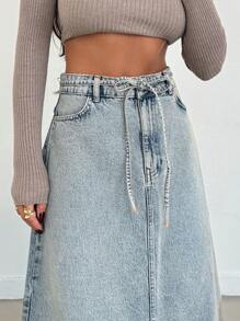 SHEIN Cottnline Low Waist Tinted Front Slit Denim Skirt - Medium Wash - View 3
