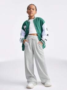 SHEIN Pantalón de chándal holgado con piernas anchas, bolsillos y cintura con lazo para niñas preadolescentes - Gris Claro - Ver 3