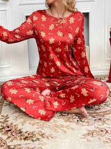 1 套圣诞姜饼人图案圆领长袖睡衣套装 - 紅色 - 查看 5