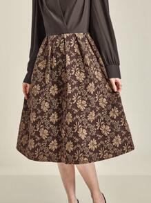 SHEIN Clasi 1 件女士休闲优雅 V 领提花及膝连衣裙，适合秋季 - 棕色 - 查看 7