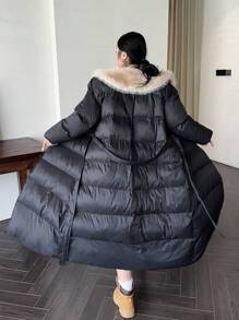 Flirla 大码女式拼布毛绒领长袖长款休闲加厚棉衣，冬季保暖服装 - 黑色 - 查看 2