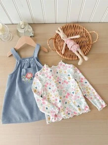 SHEIN LMoss Kids Babygirl 可爱秋季灯芯绒花卉刺绣围兜裙和长袖上衣套装 - 藍色 - 查看 4
