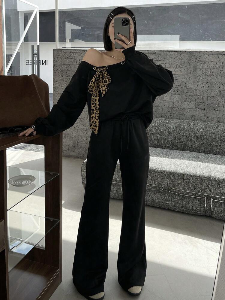 Women Leopard Print 2pcs Set, Open Shoulder Binding Sweatshirt Top And Flared Pants, Autumn/Winter Cheetah Print,Fall Women Clothes