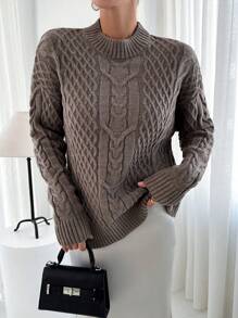 RueChic Women Round Neck Mixed Knit Detailed Sweater - Mocha Brown - View 1