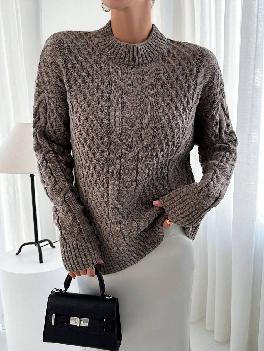 RueChic Women Round Neck Mixed Knit Detailed Sweater - Mocha Brown - View 1