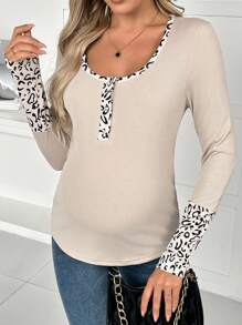 SHEIN Maternity Leopard Print Patchwork Crew Neck Fitted Long Sleeve Top - Apricot - View 1