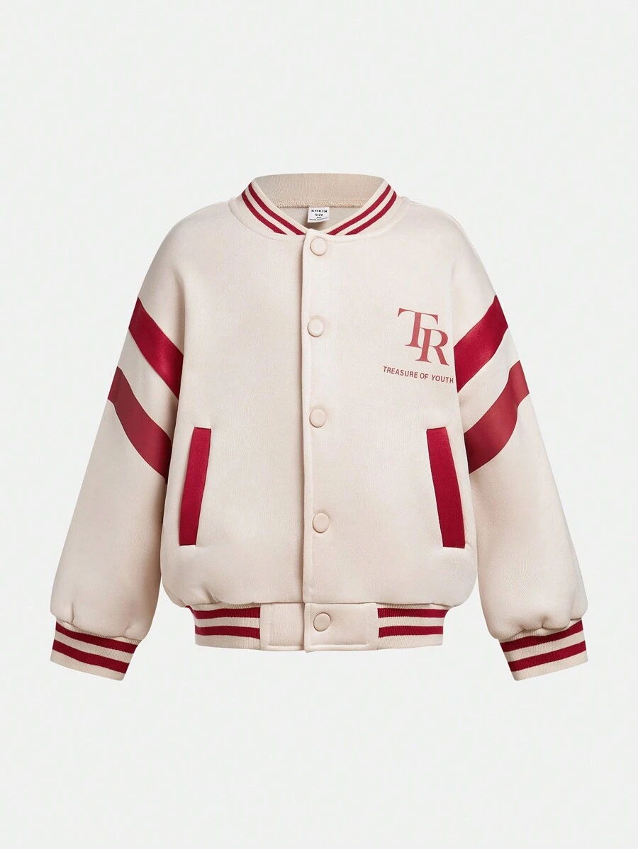 SHEIN Young Girl Baseball Collar Long Sleeve Colorblocked Graphic Cardigan, Casual & Comfortable Sporty Style Baseball/Football Jacket, Suitable For Autumn/Winter - Multicolor - View 1