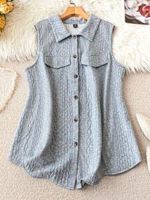 SHEIN LUNE Plus Size Casual Button-Up Sleeveless Jacket For Everyday, Autumn - Grey - View 1