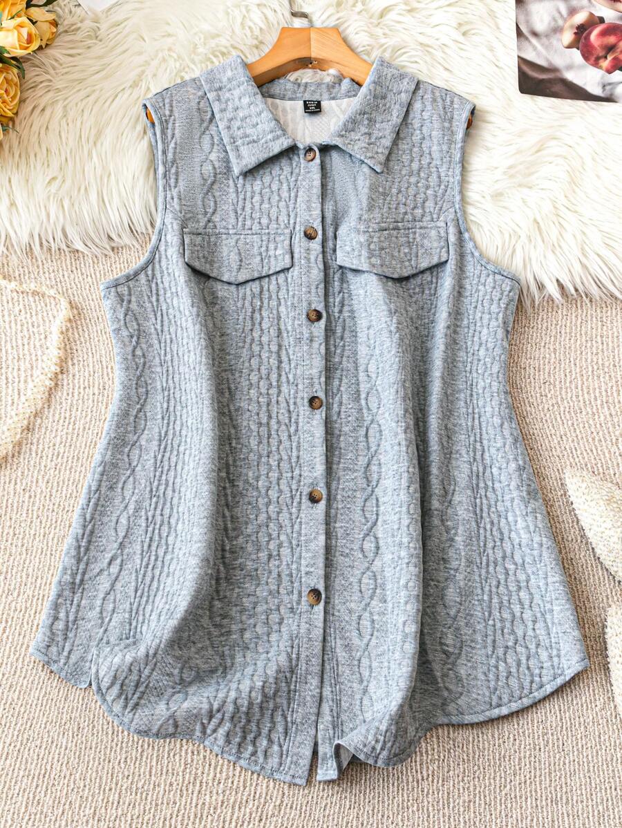 SHEIN LUNE Plus Size Casual Button-Up Sleeveless Jacket For Everyday, Autumn - Grey - View 1