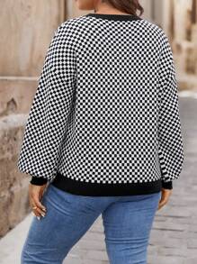 SHEIN LUNE Plus Size Women's Crew Neck Vintage Houndstooth Pattern Pullover Sweater, Plus Size Fit, Autumn/Winter - Black and White - View 4