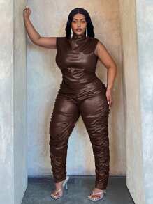 Slaydiva Plus Size Asymmetric Hem Ruched High Neck Sleeveless Top And Skinny PU Pants 2 Pieces Set, Brown Color, Autumn/Winter - Brown - View 3