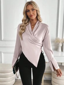 Chiquease Blouse en satin pour femmes, élégante pour les déplacements, couleur champagne violacé, col à volants, fini satin doux et de qualité supérieure, pull, manches longues - Mauve - Voir 6