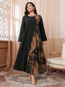 Mulvari Plus Size Autumn Casual Patchwork Print Asymmetrical Dress Maxi Women Outfit - Black - View 1