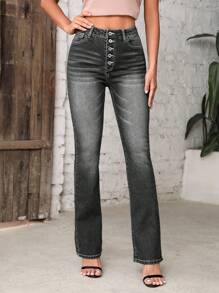 SHEIN Essnce 渐变色前扣口袋感恩节圣诞节女士休闲喇叭腿牛仔裤加厚牛仔布