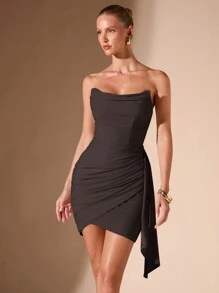 SHEIN BAE Vestido de tubo de unicolor albaricoque con volante en el bajo, fruncido delantero brillante, adecuado para citas románticas, fiestas, discotecas, eventos de noche, vestido de dama de honor minimalista y corto - Café integral - Ver 7