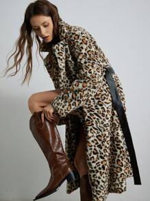 SHEIN Privé 蓬松豹纹皮带夹克，时尚法式猎豹印花 - 彩色 - 查看 3