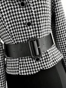 Vintamour 复古优雅女士套装，格纹修身西装外套和吊带铅笔裙，黑色长袖套装（配腰带和缺口领）适合秋冬季 - 黑與白 - 查看 8