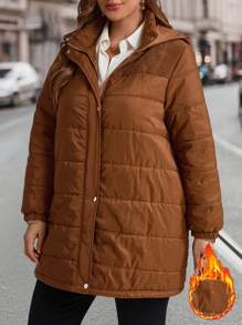 EMERY ROSE 大码新年纯色连帽长袖棉衣，女士冬季外套 - 咖啡棕 - 查看 2