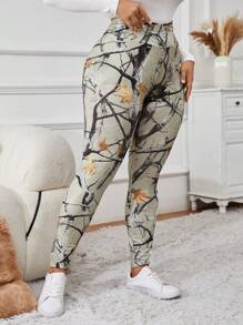 SHEIN VCAY Quần legging cạp cao họa tiết cành cây cỡ lớn thời trang cho nữ - Nhiều màu - Xem 3