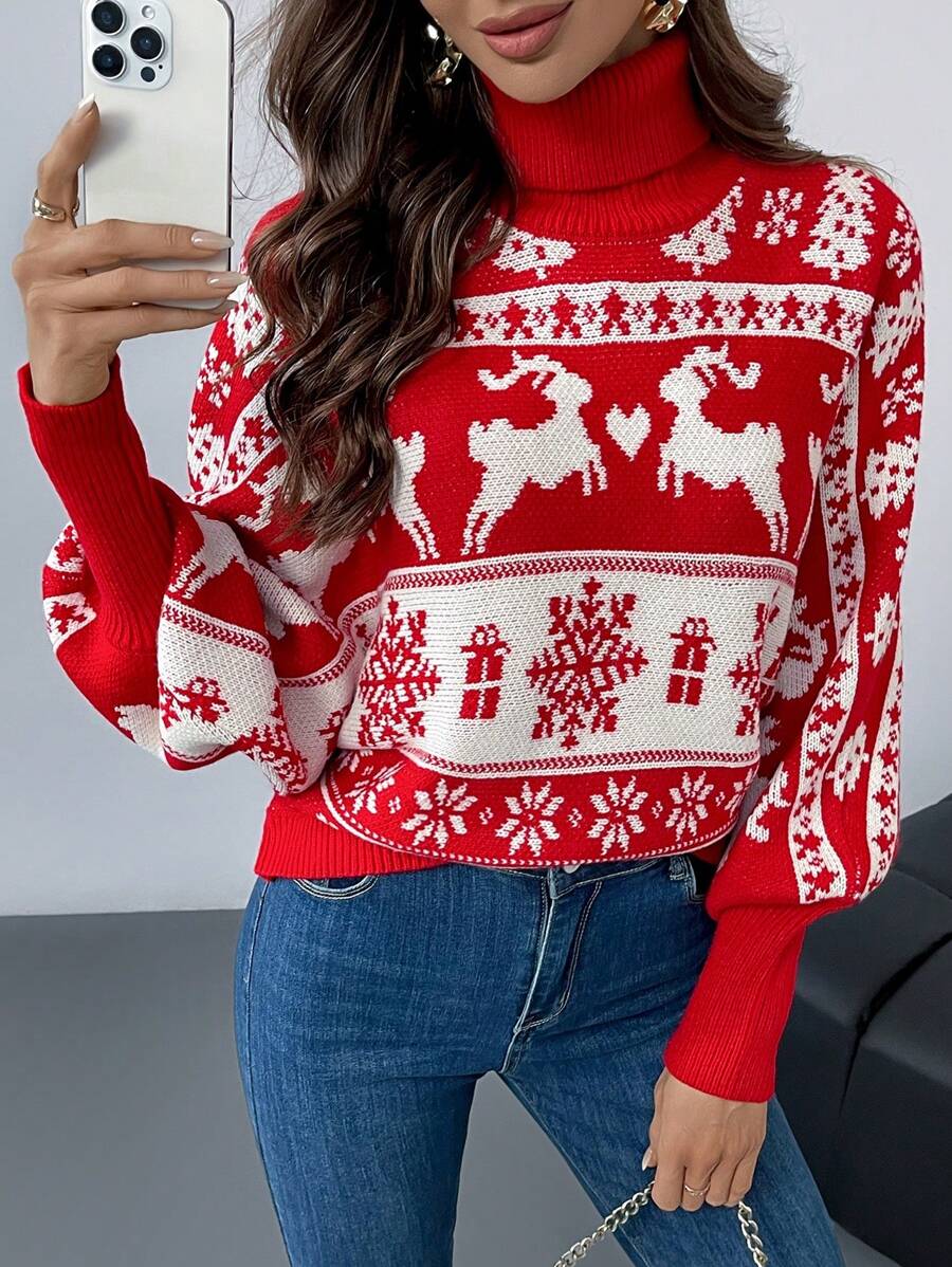 SHEIN Privé 女式圣诞图案精致简约休闲高领长袖套头毛衣