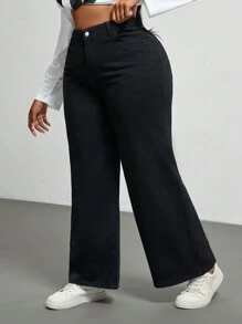 SHEIN ICON 大码女式口袋阔腿宽松休闲百搭牛仔裤 - 黑色 - 查看 3