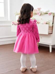SHEIN Váy dài tay bằng vải nhung và lưới họa tiết hoạt hình màu hồng dễ thương cho bé gái, thích hợp cho tiệc tùng và các dịp khác, mùa thu/đông - Hồng - Xem 2