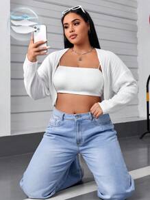 SHEIN EZwear Plus Drop Shoulder Open Front Crop Jacket Winter Fall Autumn - White - View 1