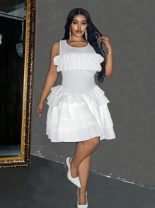 Maweii 大码纯色圆领无袖褶皱简约休闲短款高腰多层溜冰裙