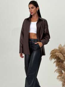 SHEIN Privé Áo khoác nữ dáng suông màu đỏ tía bằng da giả, kiểu dáng thanh lịch, dễ phối đồ, màu sắc tươi tắn. - màu nâu - Xem 6