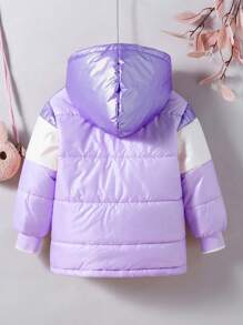 年轻女孩粉色拼布撞色棉服外套，金属材质，时尚适合冬季保暖 - 紫色 - 查看 2
