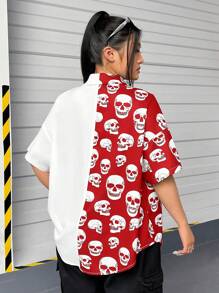SHEIN EZwear Plus Size Solid Color Patchwork Front Button Short Sleeve Casual Shirt - Red - View 2