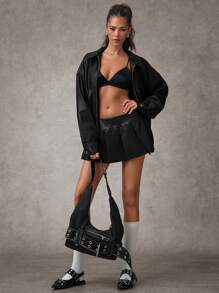 SHEIN BAE Thời trang nữ Váy ngắn xếp ly cạp thấp Váy dạ hội Váy nữ Váy da cho nữ Trang phục sinh nhật cho nữ Váy đỏ cho nữ Váy đỏ tía/Váy ngắn xếp ly/Váy da xếp ly/Váy trượt patin - màu đen - Xem 2