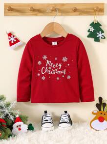 SHEIN Baby Boy/Girl Christmas Snowflake Cute Cartoon Print Red Long Sleeve Top