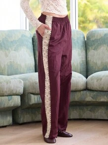 Aralina Sporty Nylon With Lace Stripe Fashion Detail Mid Rise Wide Leg Pants