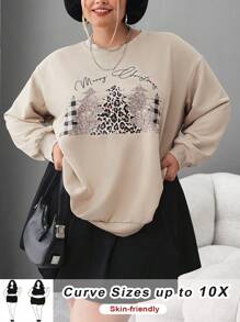 SHEIN CURVE+ Plus Size Women Casual Leopard Print Christmas Tree & Slogan Graphic Loose Crew Neck Long Sleeve Sweatshirt, Suitable For Christmas, Fall And Winter