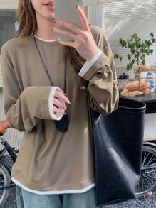 DAZY 女士撞色二合一休闲宽松长袖T恤，秋季服装 - 杏色 - 查看 3