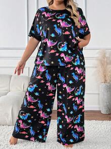 SHEIN CURVE+ Plus Size Color Gradient Dinosaur Short Sleeved Pants Set