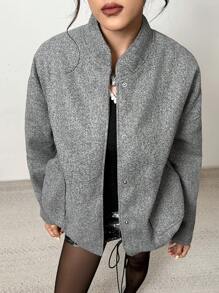SHEIN Essnce 女士纯色超大飞行员夹克街头时尚休闲羊毛外套灰色立领宽松夹克秋冬 - 灰色 - 查看 7