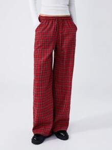 LYSMO 1 pieza Pantalones casuales con atar al frente a cuadros navideños para uso diario de mujer