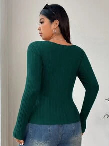 SHEIN EZwear Camiseta de manga larga con cuello cuadrado de punto elástico para mujer talla grande, cómoda para usar de forma casual, en el hogar, yoga y al aire libre