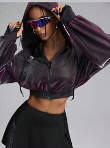Innovista 金属面料紫色变形运动夹克、女式连帽衫、运动上衣、运动短款上衣、运动服、女式网球服、Y2K 服装、电子派对夹克、外出上衣 - 紫色 - 查看 3